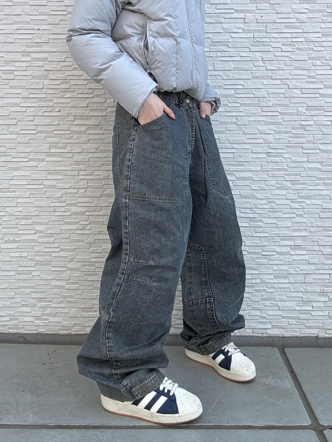 90s MANTARAY 올드스쿨 차콜 워크와이드 데님 팬츠 상품이미지2