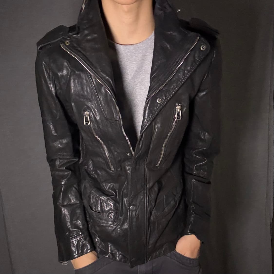 하이넥 지퍼 디테일 양가죽 자켓 상품이미지2