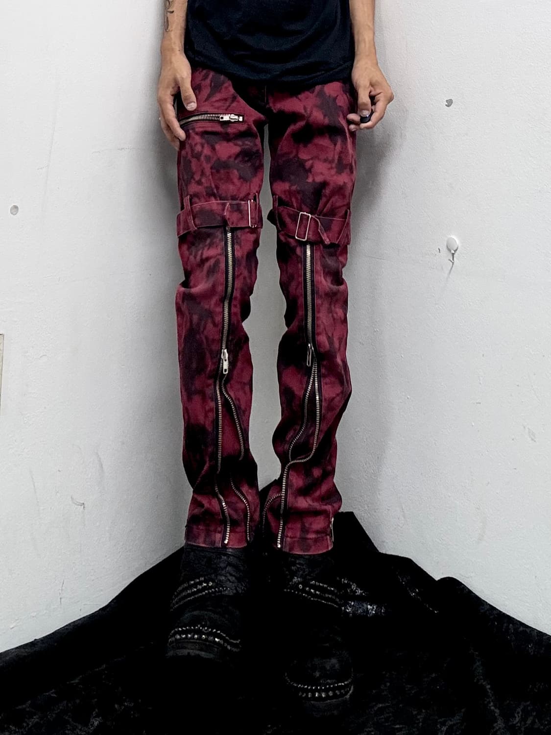 Punk Red Bleach Washing Zipper Detail Bo 상품이미지9