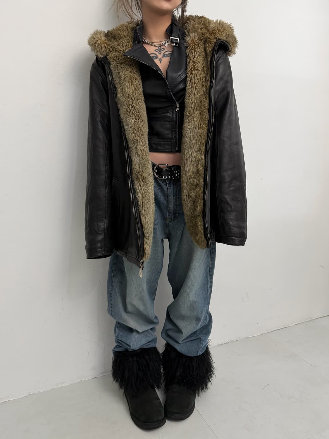 리버시블 브라운 퍼 레더 후드집업 상품이미지6