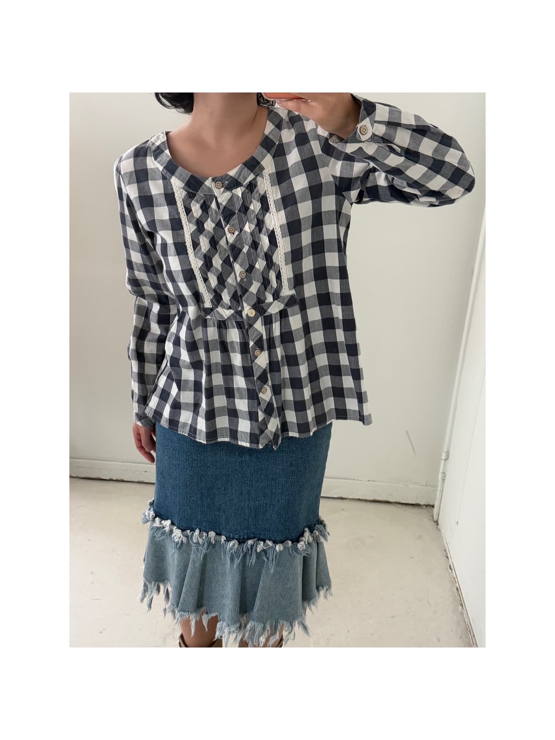 일본빈티지 네이비 체크 레이스 블라우스 상품이미지1