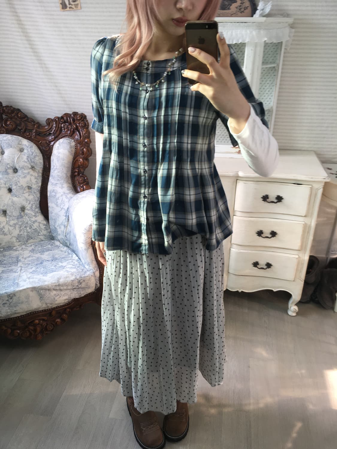 jpn vintage blue check pintuck blouse 상품이미지5