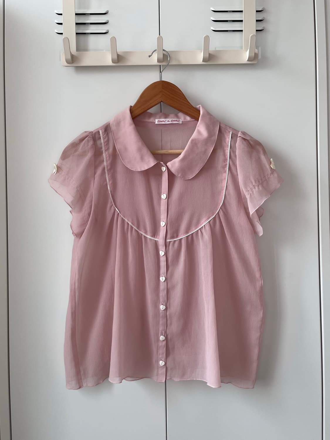 Vintage 하트 리본 연분홍 로걀 반팔 블라우스 상품이미지3