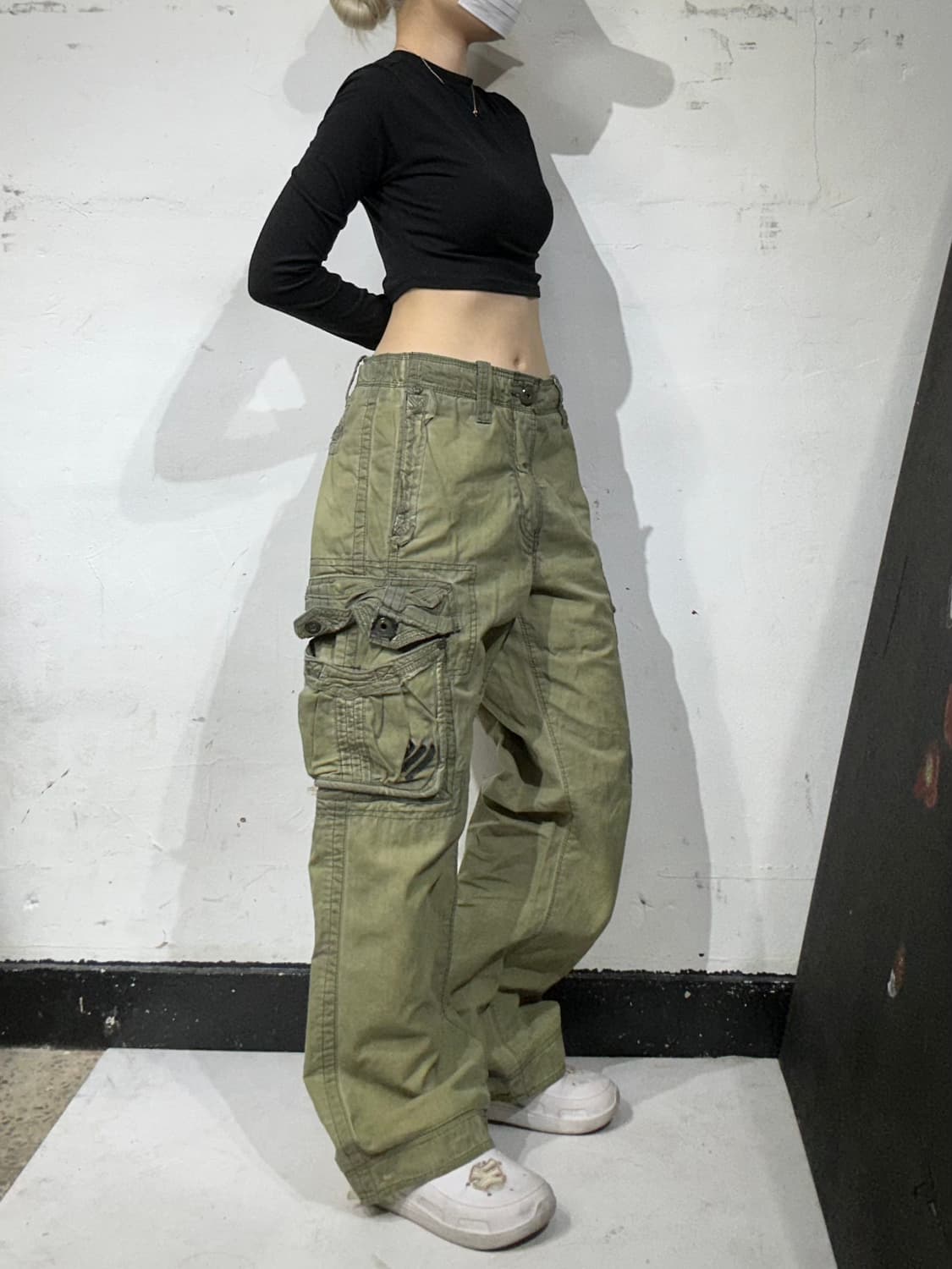 빈티지 y2k 올리브 카키 포켓 포인트 카고 팬츠 와이드 바지  상품이미지1