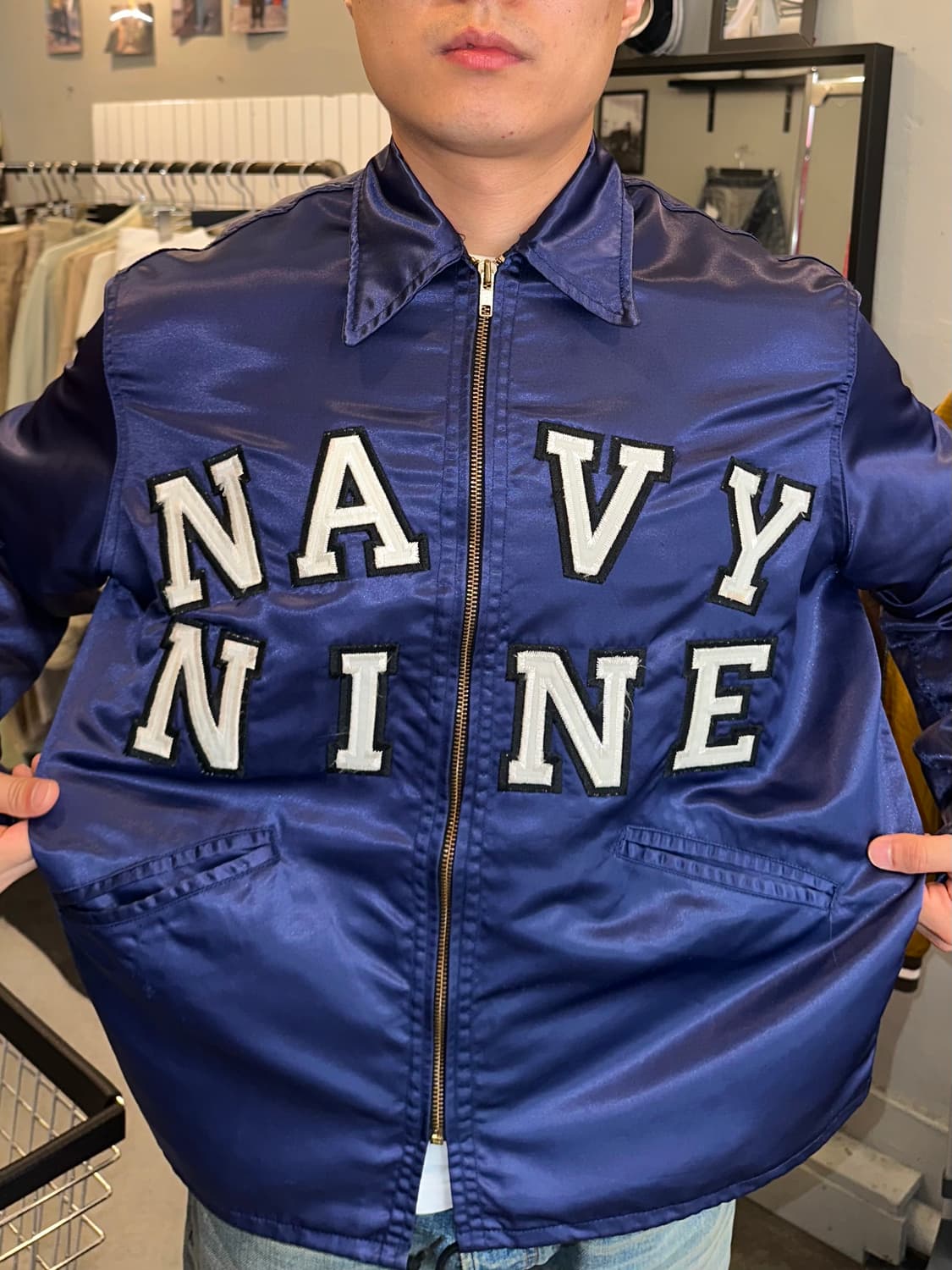 90’s Navy Nine patch satin coach jacket 상품이미지3