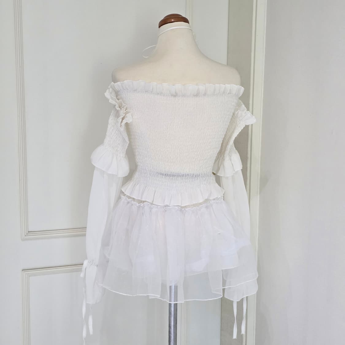 빈티지 화이트 로판 히메 스모크 쉬폰 오프숄더 블라우스 상품이미지2