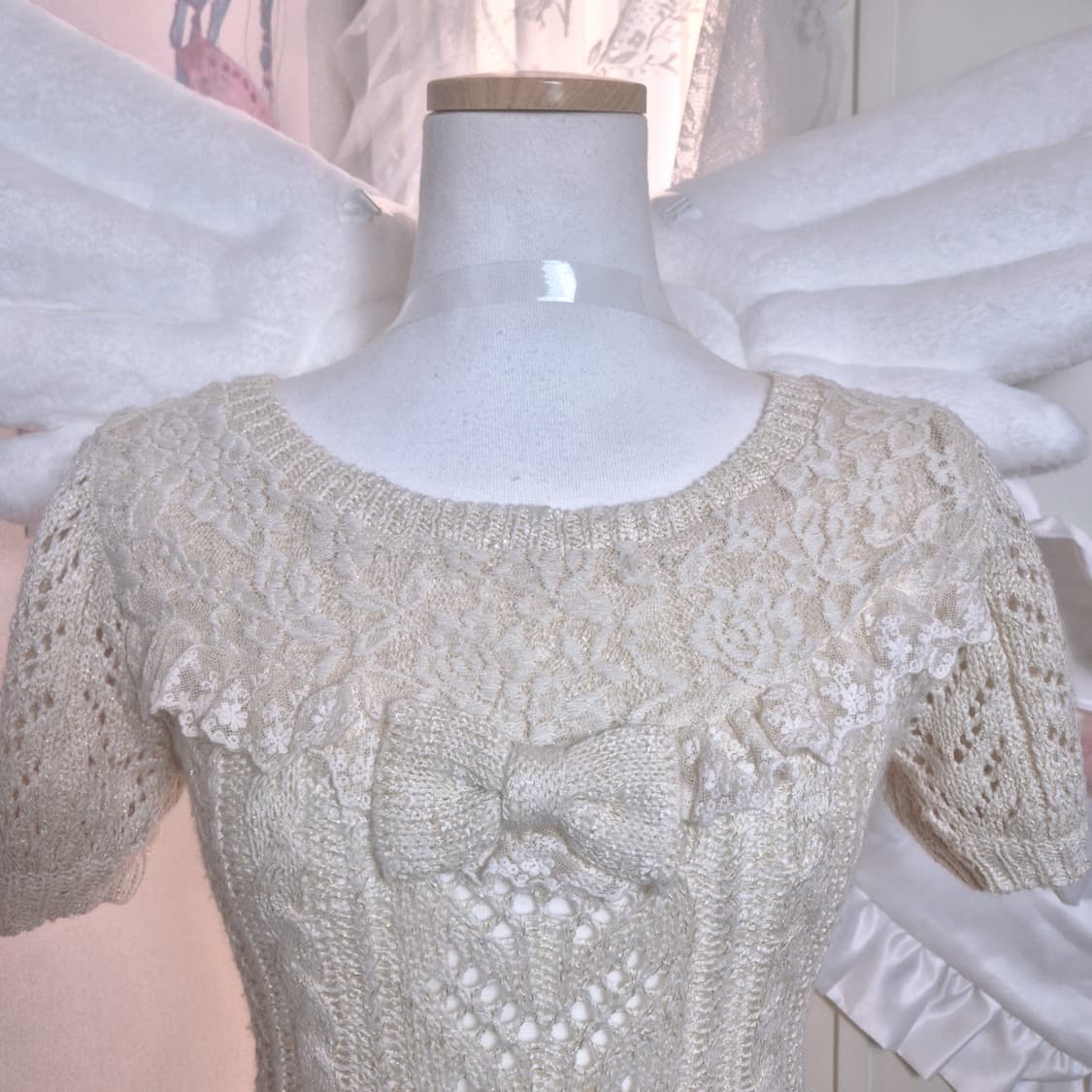 리즈리사 리본 레이스 코리락쿠마 달천깔 반팔 니트 라떼갸루 히메갸루 상품이미지2