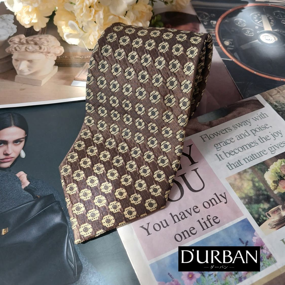 더반 실크 브라운 패턴 넥타이 9.5cm A등급 A19860 상품이미지2