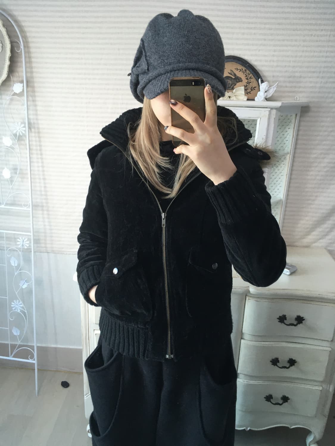 Y2K 블랙 벨루아 펑크 퍼 후드 블루종 상품이미지3