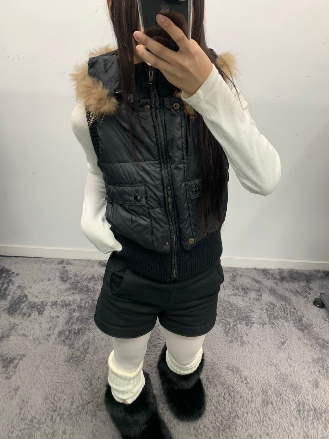 Y2k 블랙 퍼 다운 베스트 상품이미지2