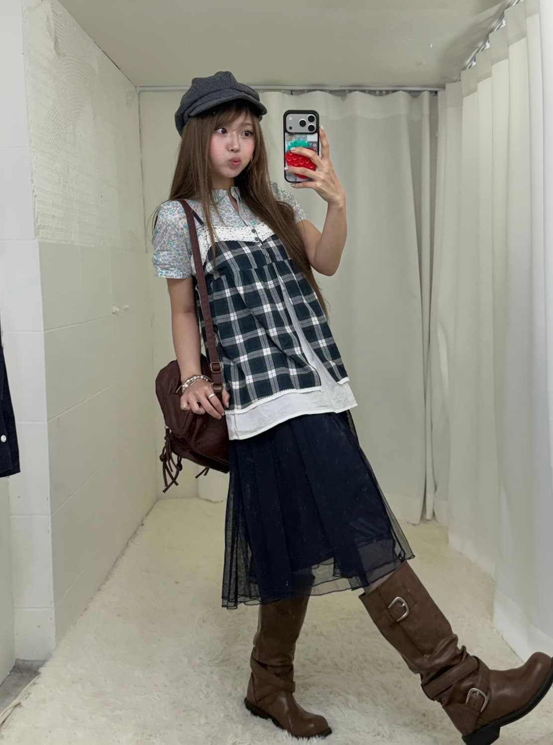 네이비 샤 스커트 니혼진 모리걸 하구미 체크 코디세트 상품이미지3