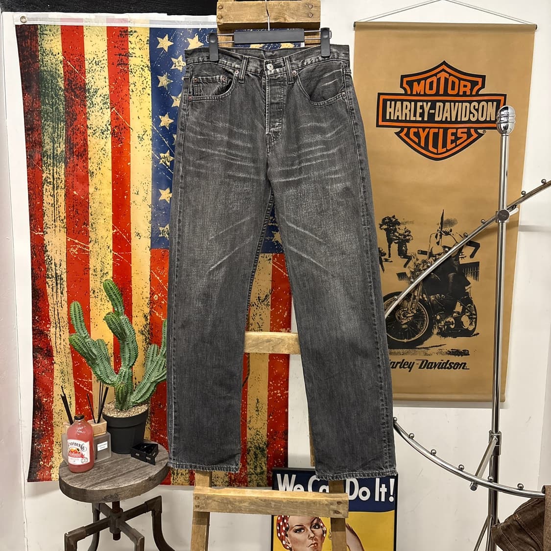 00s 리바이스 버튼 플라이 캣브러쉬 빈티지 워싱 흑청 데님 팬츠 N77 상품이미지1