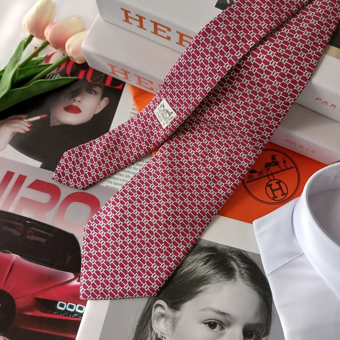 에르메스 실크 버건디 인터락패턴 넥타이 9.7cm A~B등급 A18813 상품이미지3