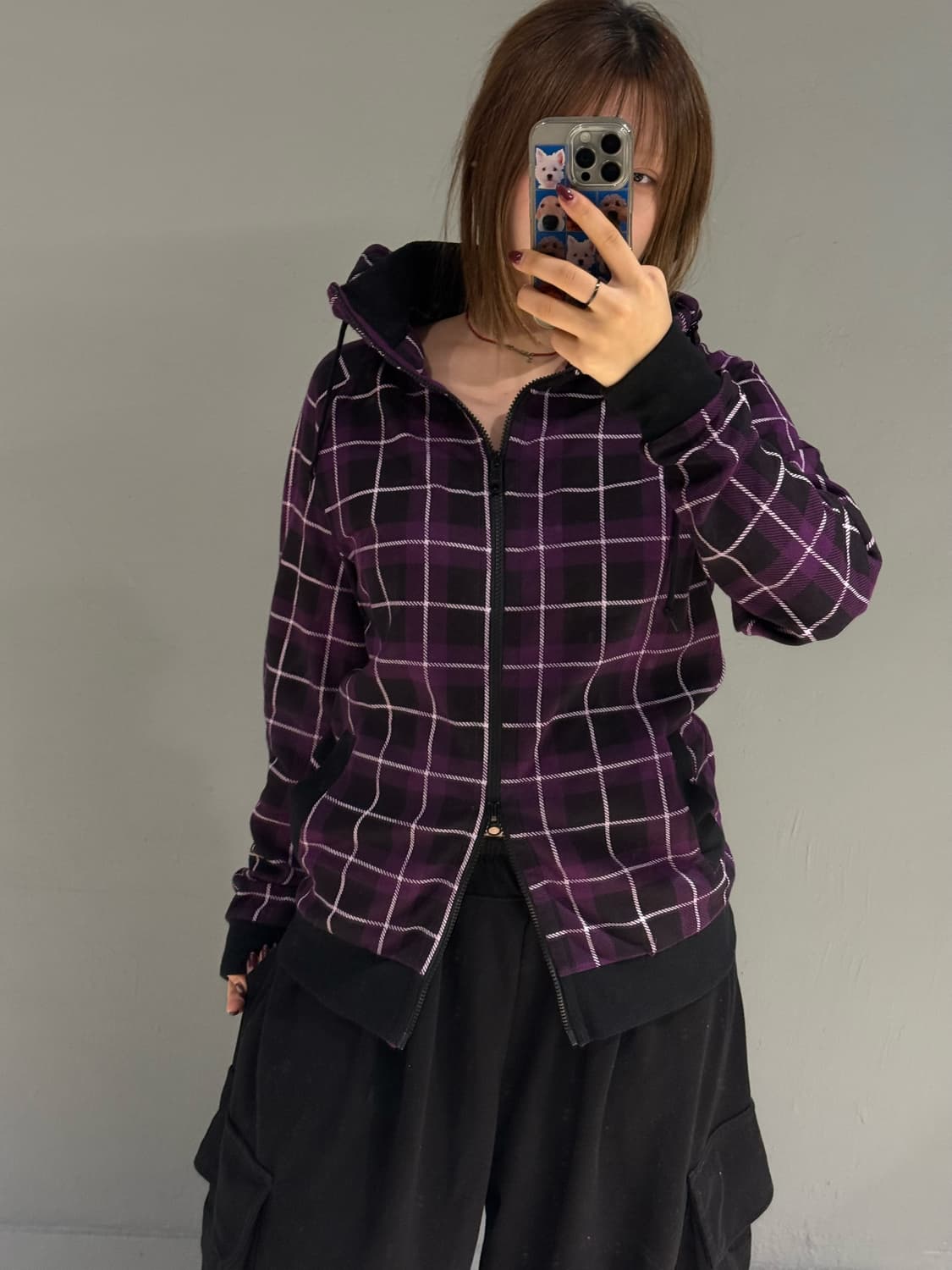 check pattern high-neck hood zip-up 상품이미지5