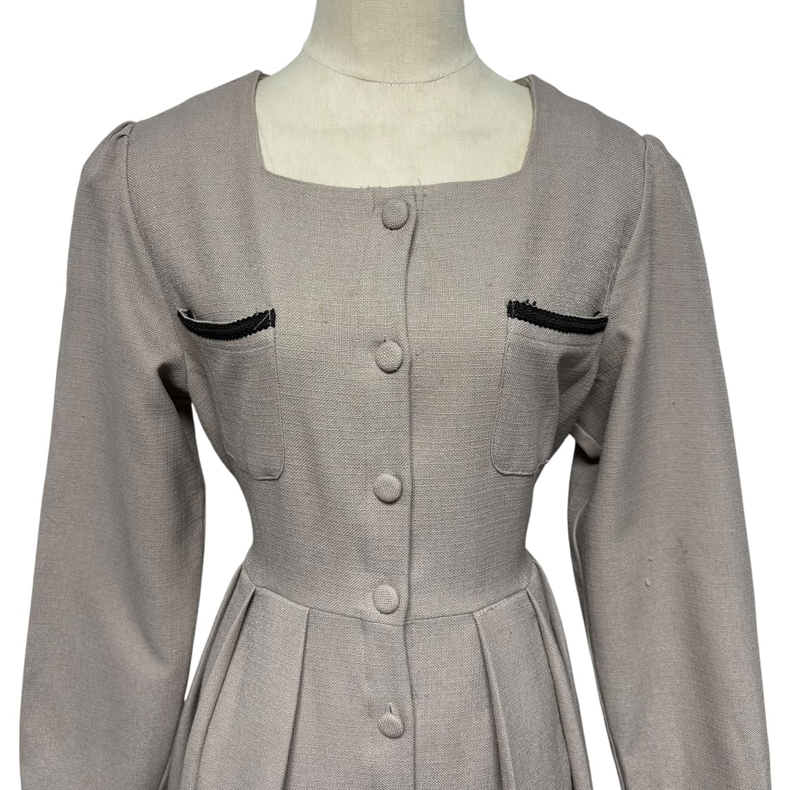 3843 베이지 스퀘어넥 하객룩 긴팔원피스 상품이미지2