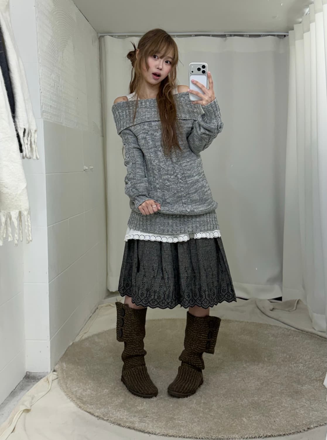 무채색 사와코 오프숄더 니트 피코트 코디세트 상품이미지3