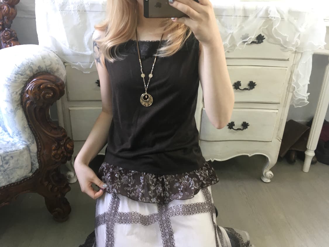 일본빈티지 브라운 레이스 프릴 슬리브리스 상품이미지1