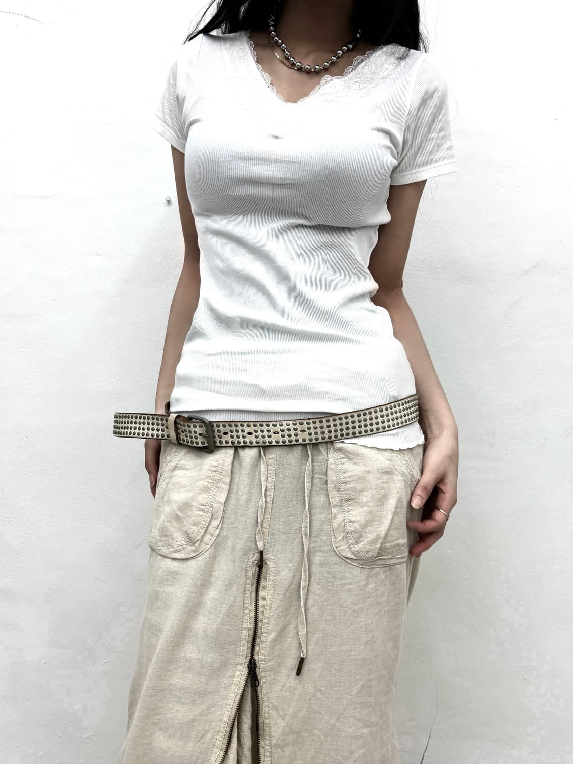 white ribbed laced slim fit top  상품이미지1