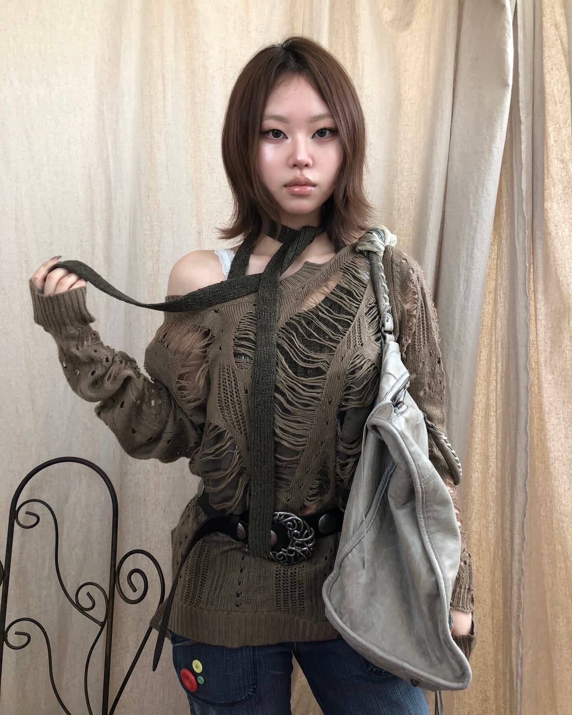 SLY 카키 그런지 디스트로이드 니트 상품이미지1