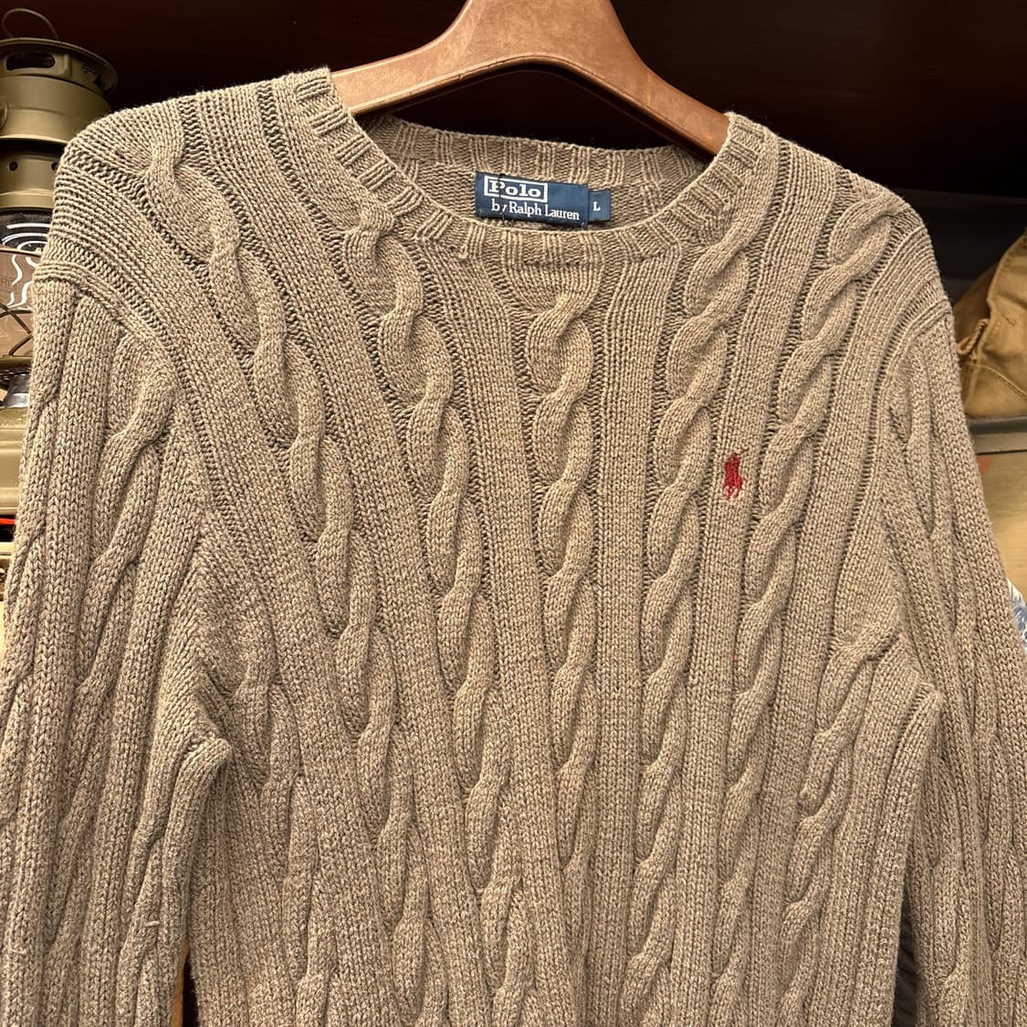 90s 폴로 랄프로렌 캐시미어 케이블 핸드니트 스웨터 카키 N992 상품이미지3