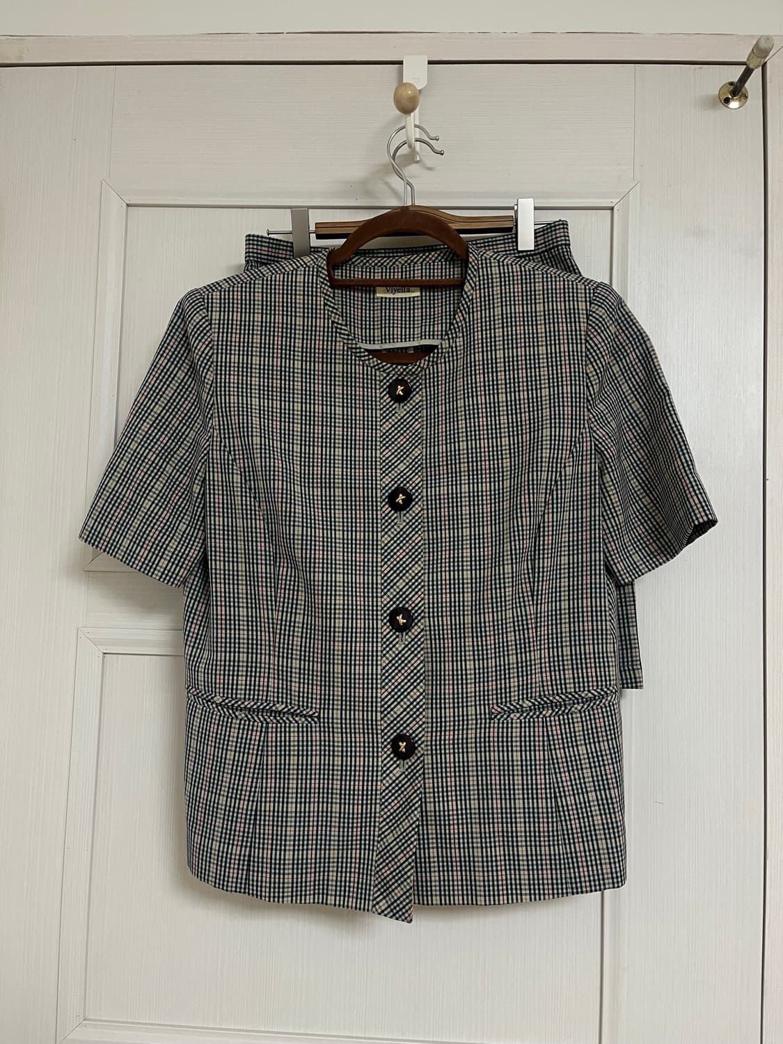 Viyella 체크 썸머울 반팔 자켓 스커트 셋업 상품이미지1