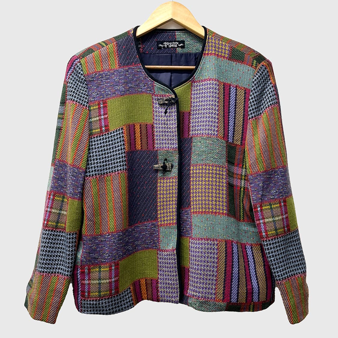 JPN 울 블렌드 토글 버튼 체크 패치워크 빈티지 자켓 여성 상품이미지1