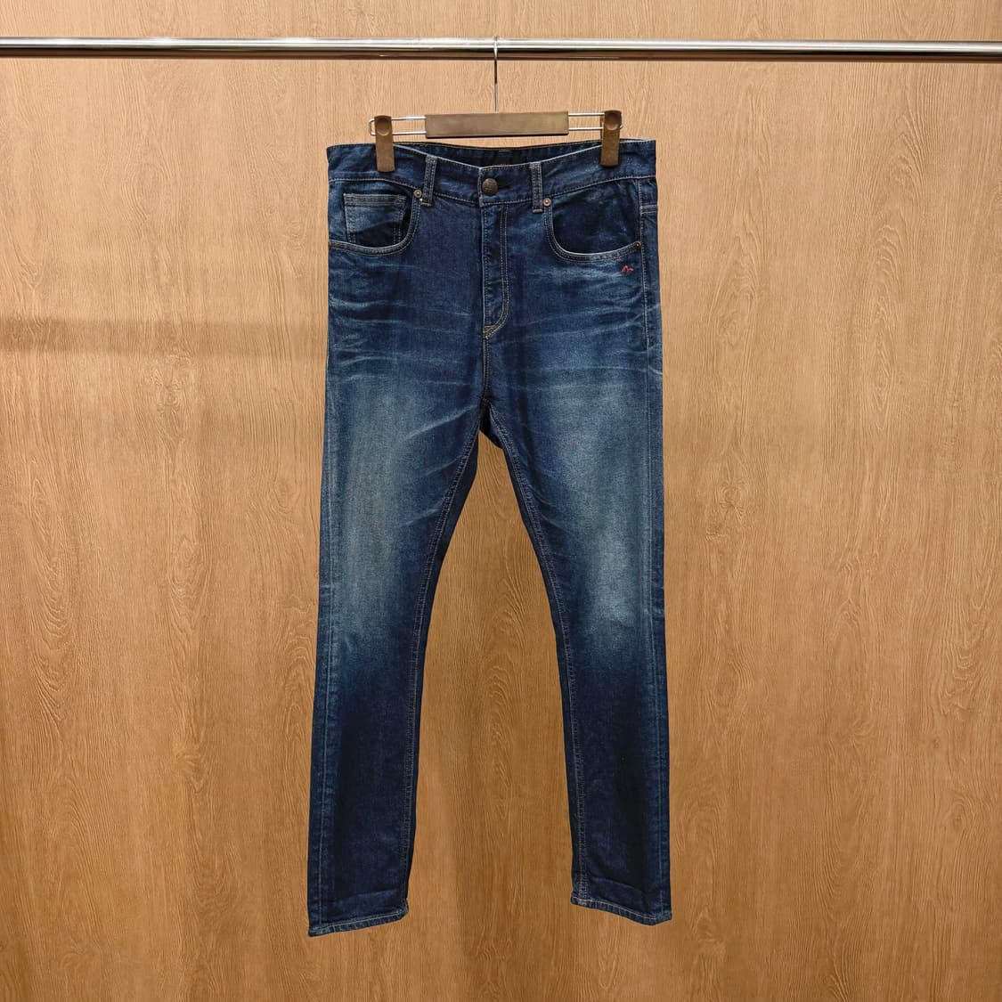 에비수 데님 팬츠 백 포켓 빅 가모메 캐릭터 자수 패치 배기핏 중청 상품이미지2