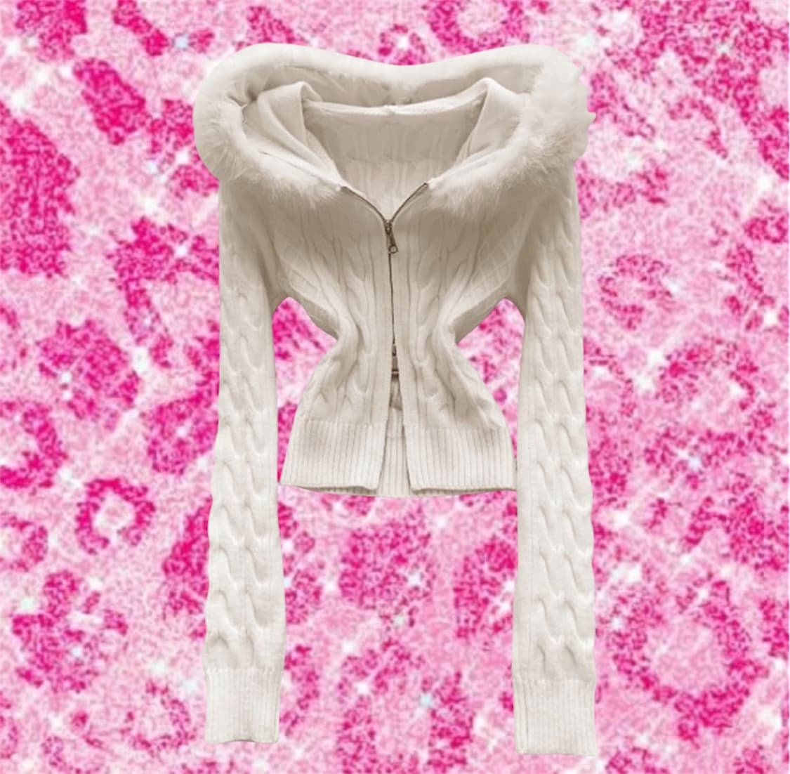 갸루 스타일🤍퍼 후드 케이블 슬림 크롭 니트집업 상품이미지1