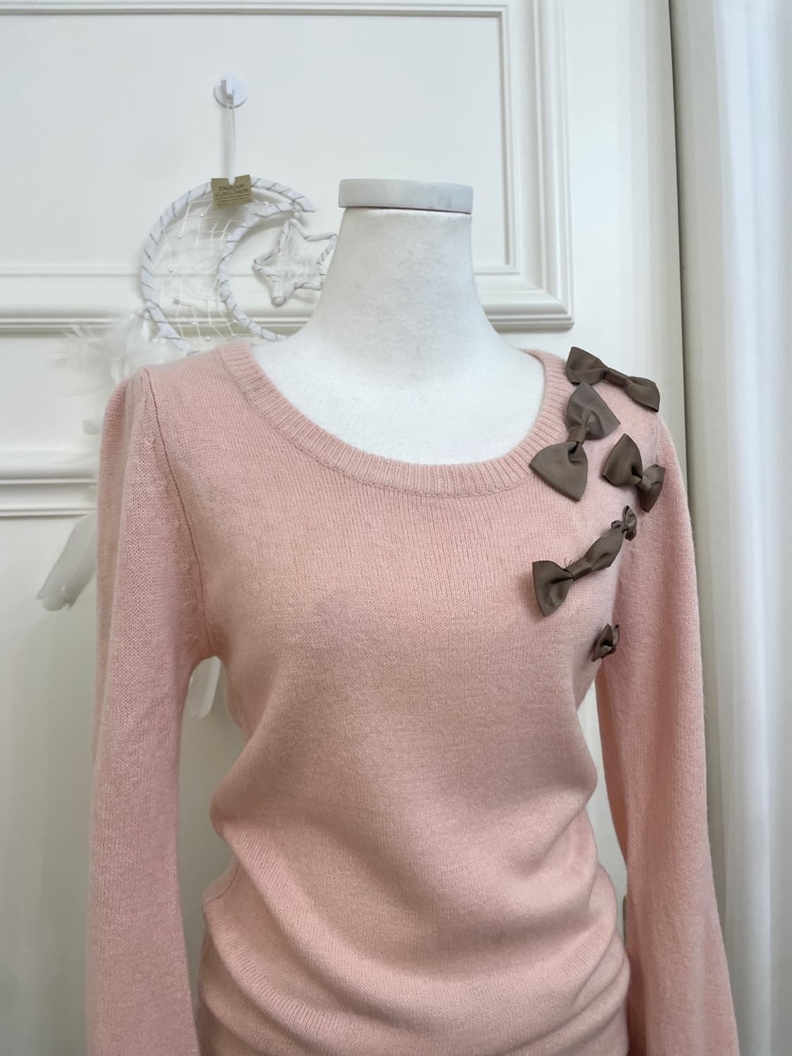 indi pink brown bow point puff knit top 상품이미지6