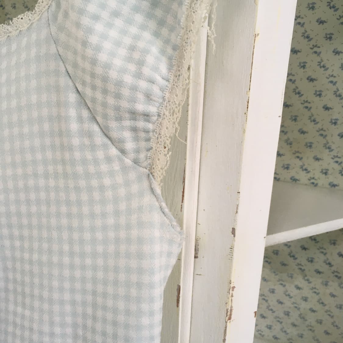 빈티지 핀터 로걀 민트 체크 오프숄더 블라우스 상품이미지7