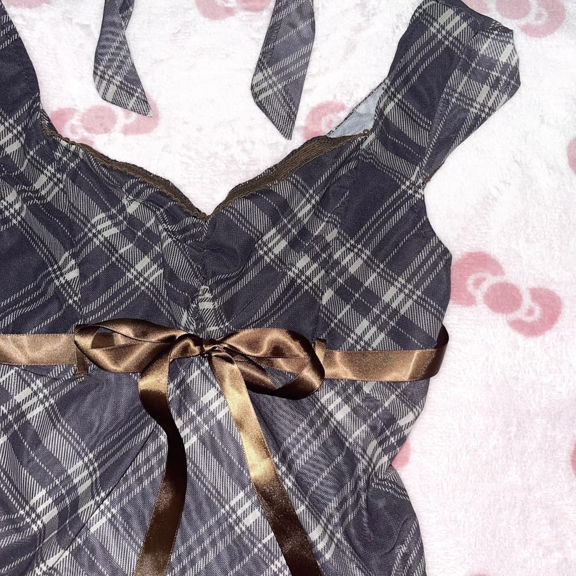 라떼갸루 체크 리본 블라우스 빈티지 상품이미지2