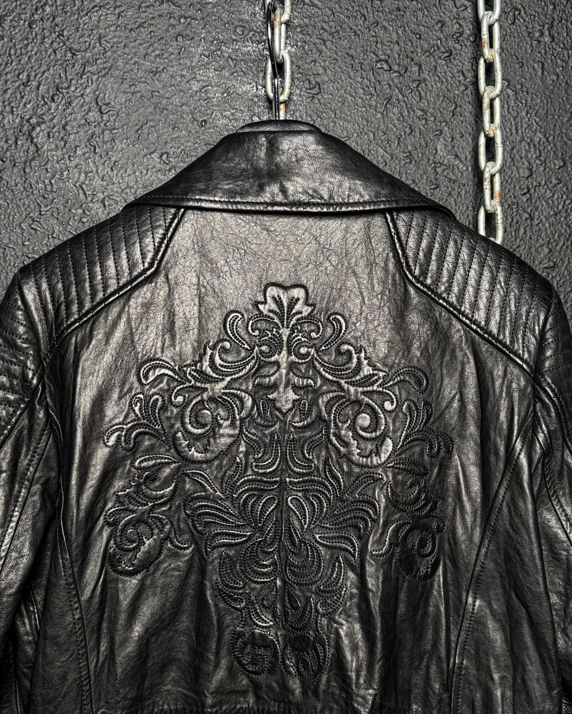 Black Embroidery Leather Rider Jacket  상품이미지2