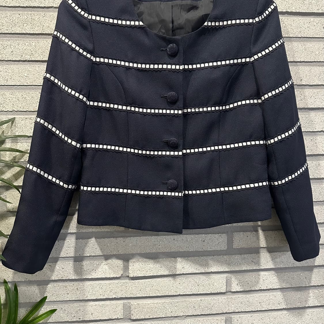 JPN VINTAGE 크롭 자켓 라운드넥 레이스 스트라이프 디테일 네이비 상품이미지4