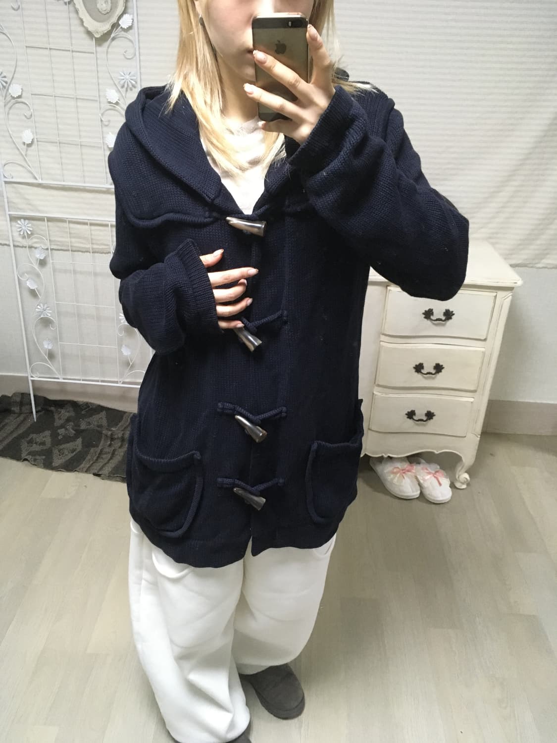 jpn vintage gap 네이비 더플 후드 와플 가디건 상품이미지5