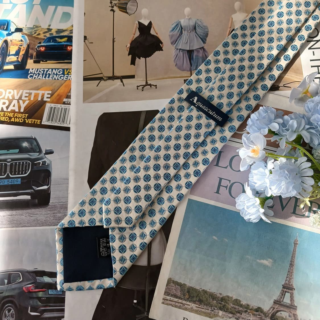 아쿠아스큐텀 실크 스카이블루 기하 넥타이 8.8cm A+등급 A19457 상품이미지6