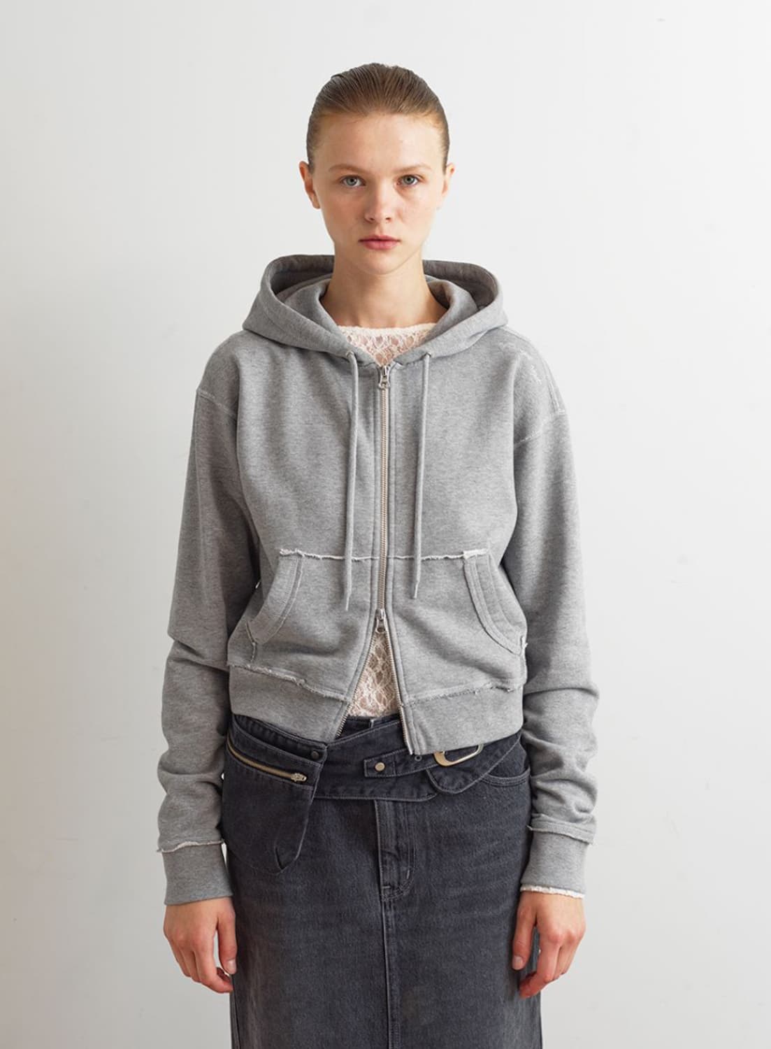 아옵트 로우 컷 후드집업 그레이 M 상품이미지1