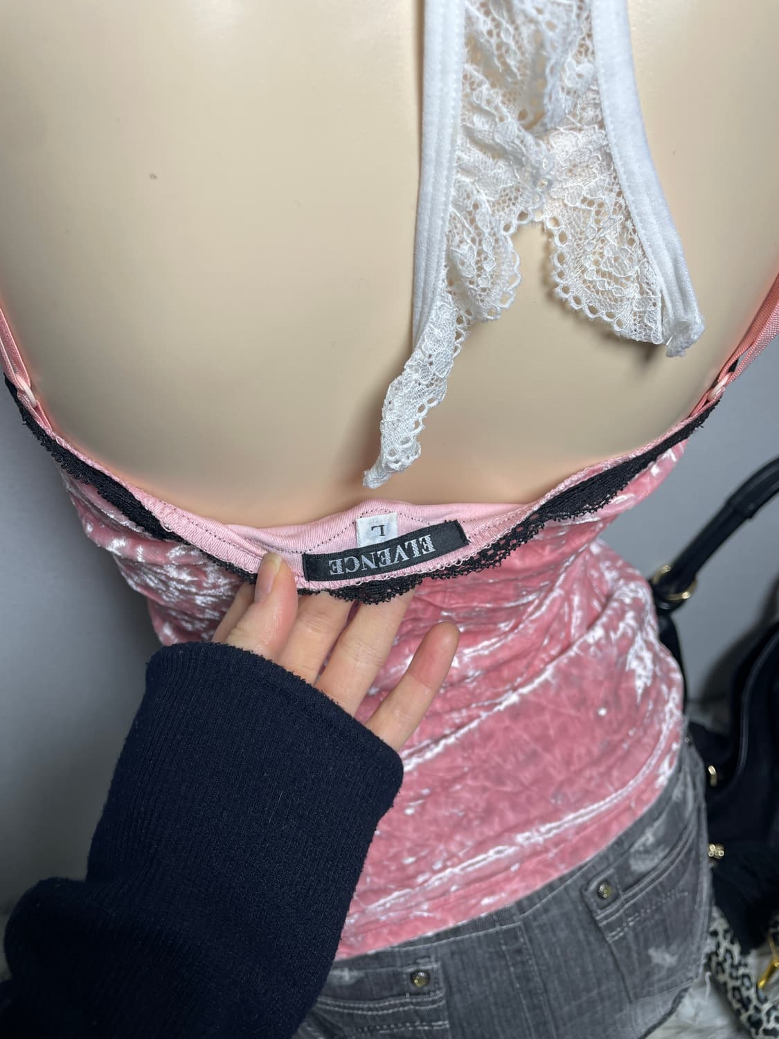 갸루 러블리 핑크 블랙 벨벳 레이스 슬리브리스 상품이미지4