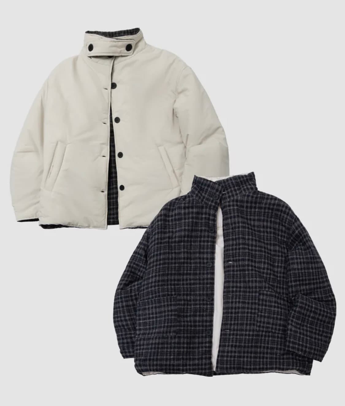 베이직 체크 리버시블 스탠드 하이넥 오버핏 패디드 야상 점퍼 [크림] 상품이미지1