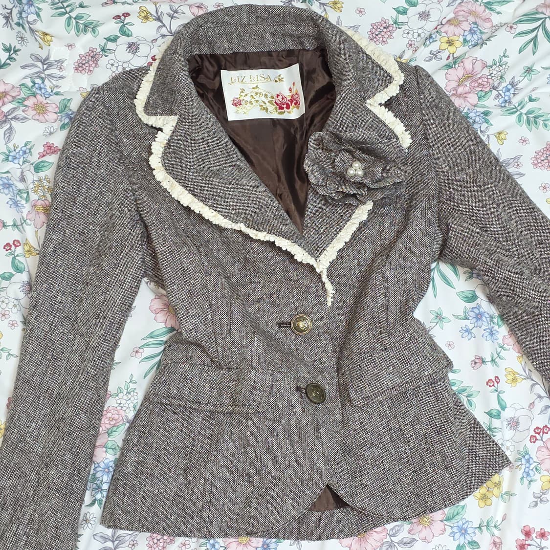 교판/고전 리즈리사)일본빈티지 트위드 라떼히메갸루로리타 코사지 자켓마이 상품이미지2