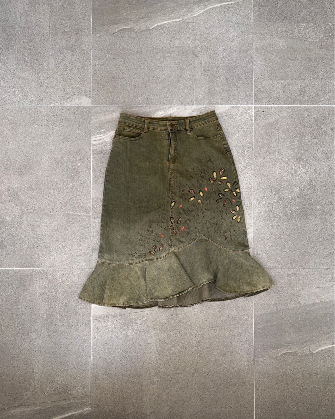 Washing khaki denim oriental beads skirt 상품이미지1