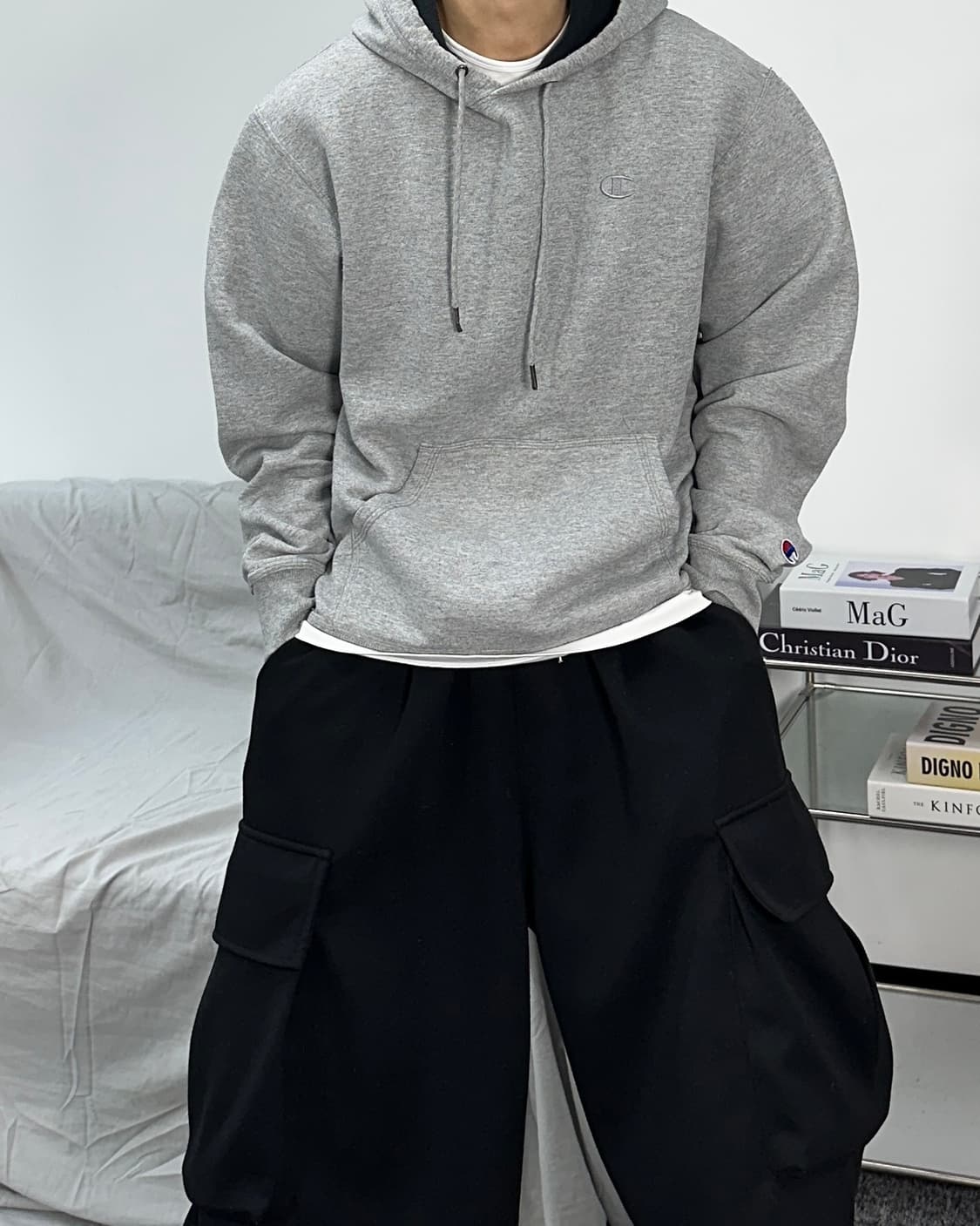 챔피온 그레이 소매로고 후드티 M 상품이미지1