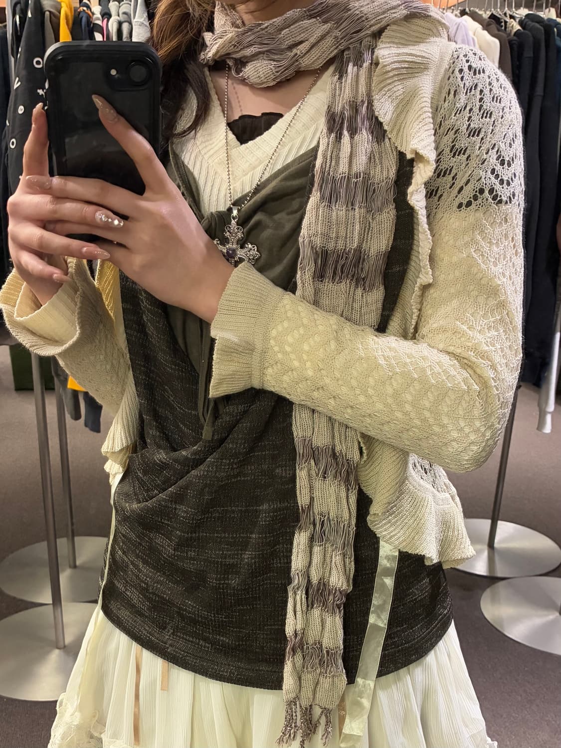 Japanese vintage 여성 줄무늬 베이지 머플러 상품이미지2