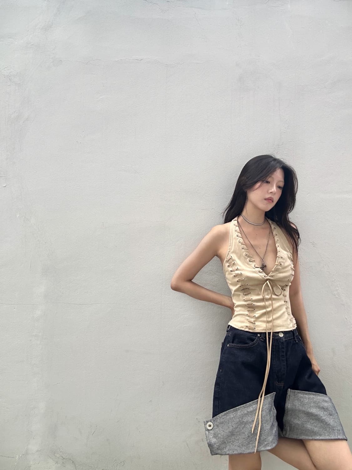 Suede western halter neck top / beige 상품이미지1