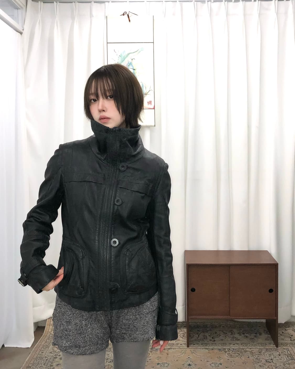 블랙 하이넥 양가죽 자켓 상품이미지2