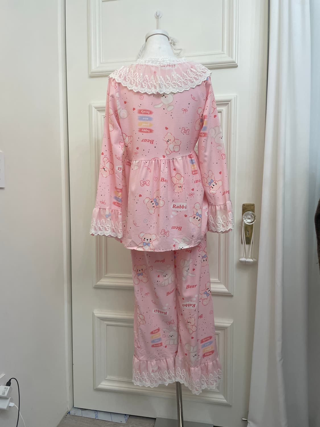 pink lace point bear print pajama set 상품이미지3