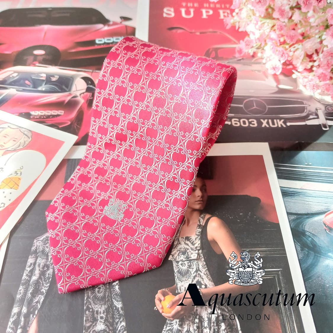 아쿠아스큐텀 실크 레드 패턴 넥타이 9cm A등급 A19661 상품이미지1