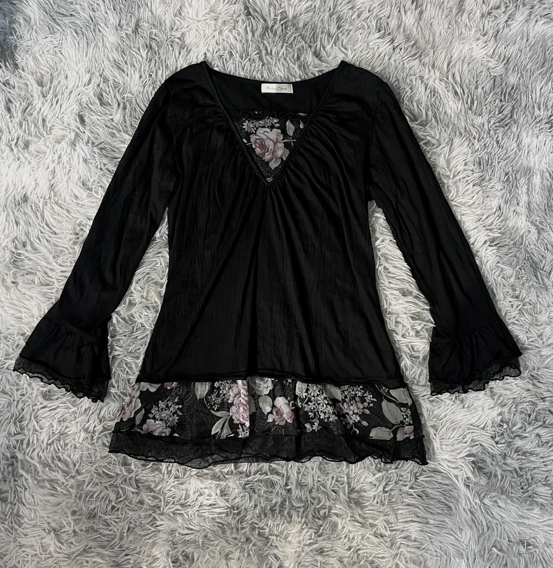 블랙 고딕 로즈 장미 프릴 레이스 셔링 쉬폰 레이어드 블라우스 상품이미지6