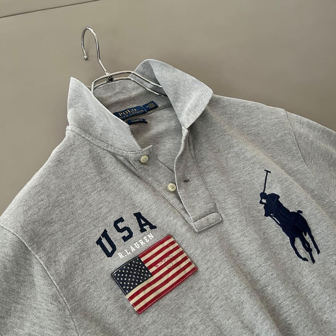폴로 랄프 로렌 빅포니 USA 성조기 패치 반팔 카라티 그레이 상품이미지3