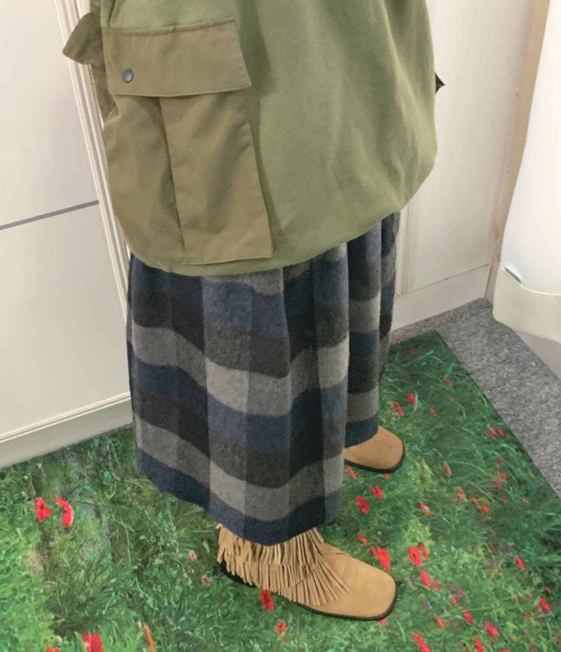 JPY)Wool banding checked midi skirt 상품이미지3