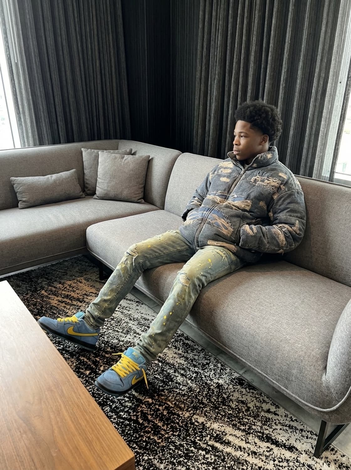 래깅 오일 워싱데님자캣 디지털프린트 오버핏 하이넥 덕 다운패딩 상품이미지2